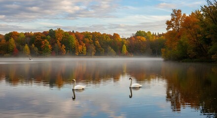 Autumn Swans on Misty Lake