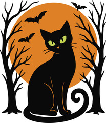 Silhouette of Black Cat with Bats and Moon 
