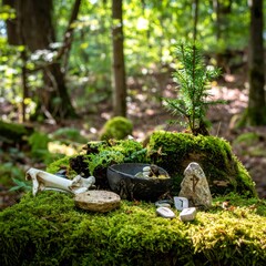 Obraz premium Mystical Forest Altar with Mossy Stump and Runes in Natural Woodland Setting
