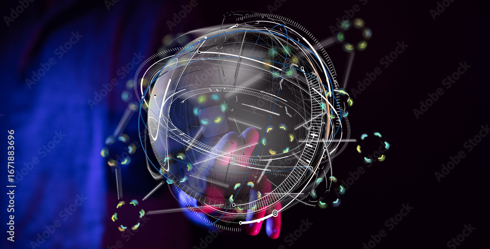 Aufkleber abstract image of hand interacting with a futuristic digital globe, representing global network and 