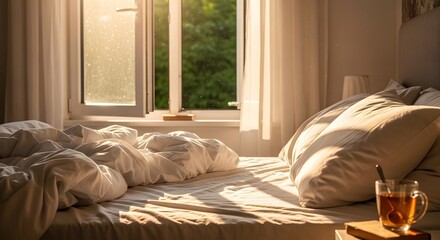 Gemütliches Bett im sanften Morgenlicht