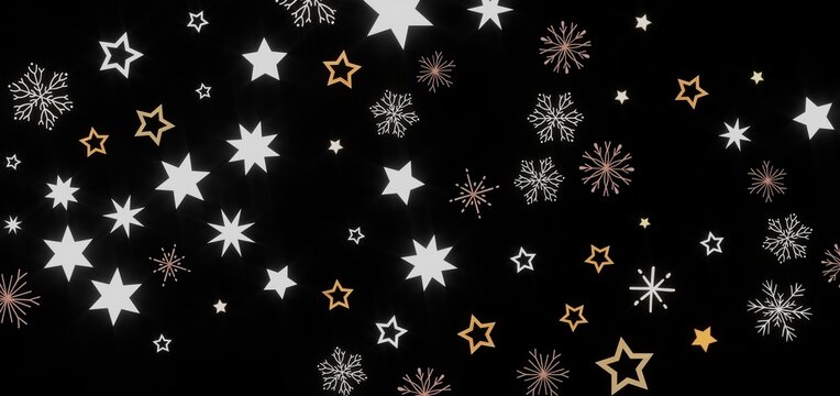 Beautiful winter background with white and gold stars and snowflakes on a black background. Perfect for holidays. - Powered by Adobe