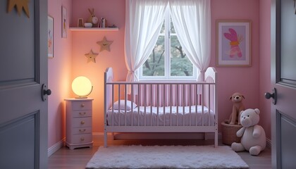 Gemütliches Babyzimmer mit rosa Vorhängen
