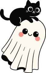 Cute Black Cat on Ghost Cartoon Illustration 