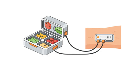 Creative concept of a solar-powered bento box charging fruits