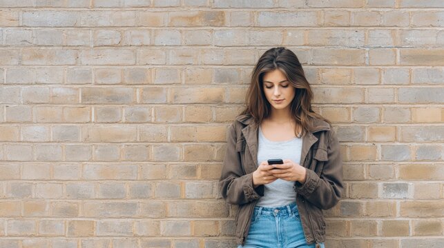 Young woman in casual attire, leaning against a textured brick wall, focused on her smartphone, embodying retro lifestyle and modern connectivity with a relaxed vibe
