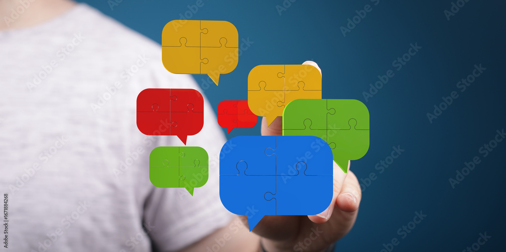 Poster abstract image of puzzle pieces forming speech bubbles. ideal for communication, teamwork, and colla