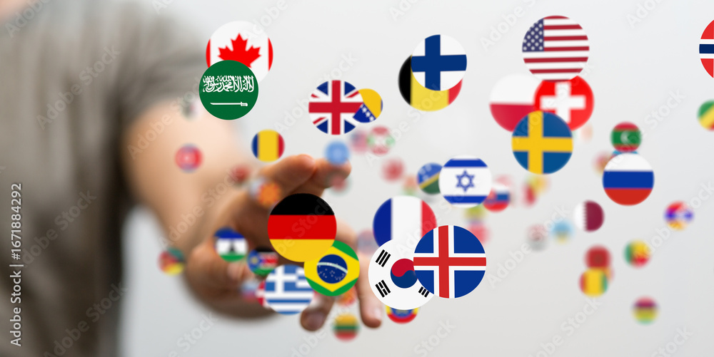 Poster abstract image of various country flags floating, representing global connections and international 