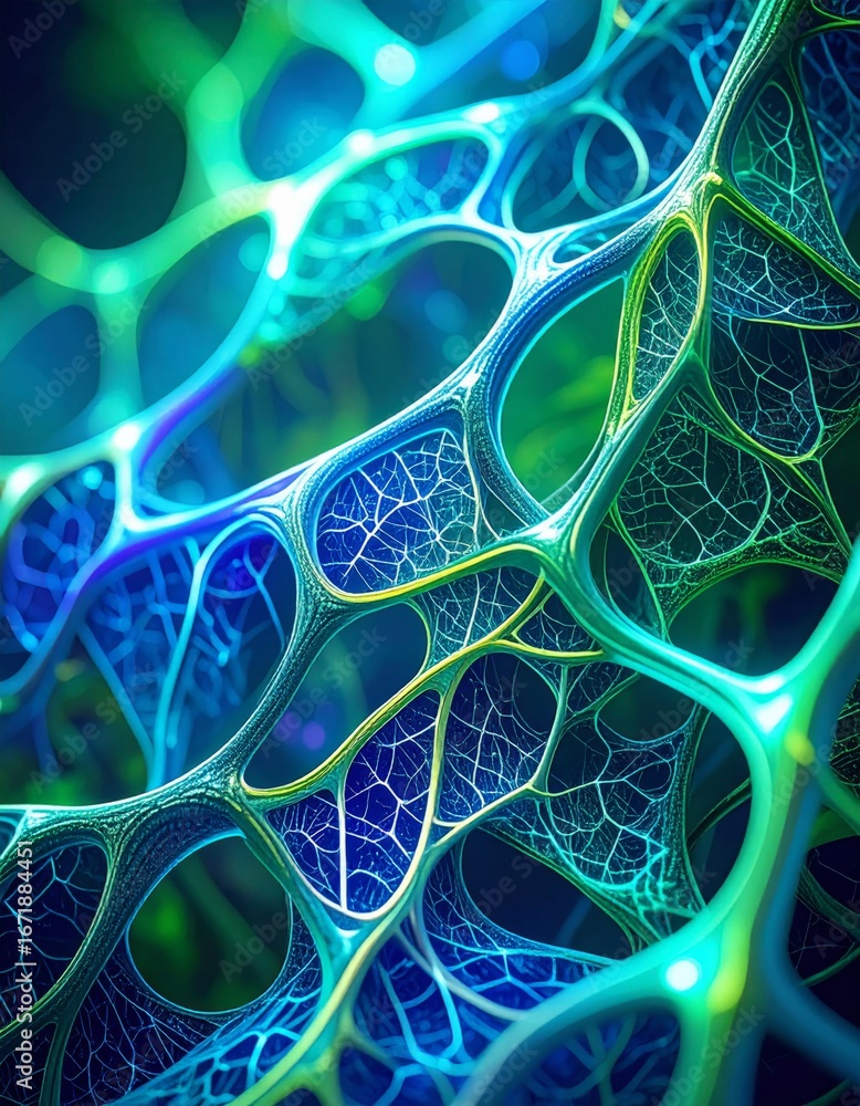 Poster abstract network structure in blues and greens with cellular organic pattern