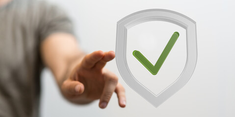 Hand reaching for a digital shield with a checkmark.  Security, safety, approval.