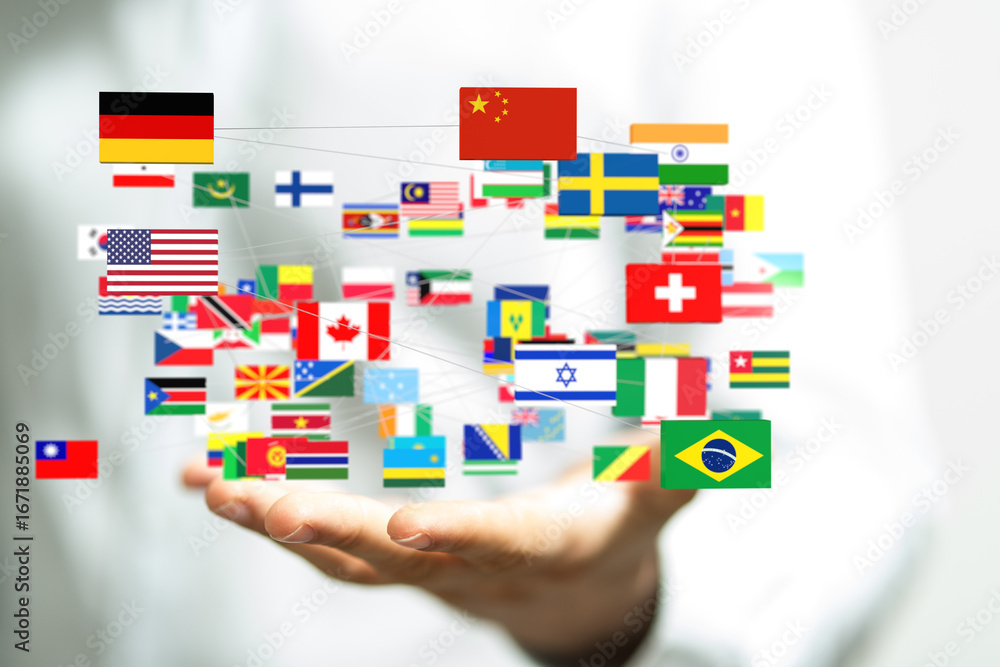 Poster image of interconnected flags representing global collaboration and communication.