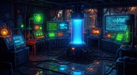 A digital rendering of a futuristic control room with complex machinery and screens display