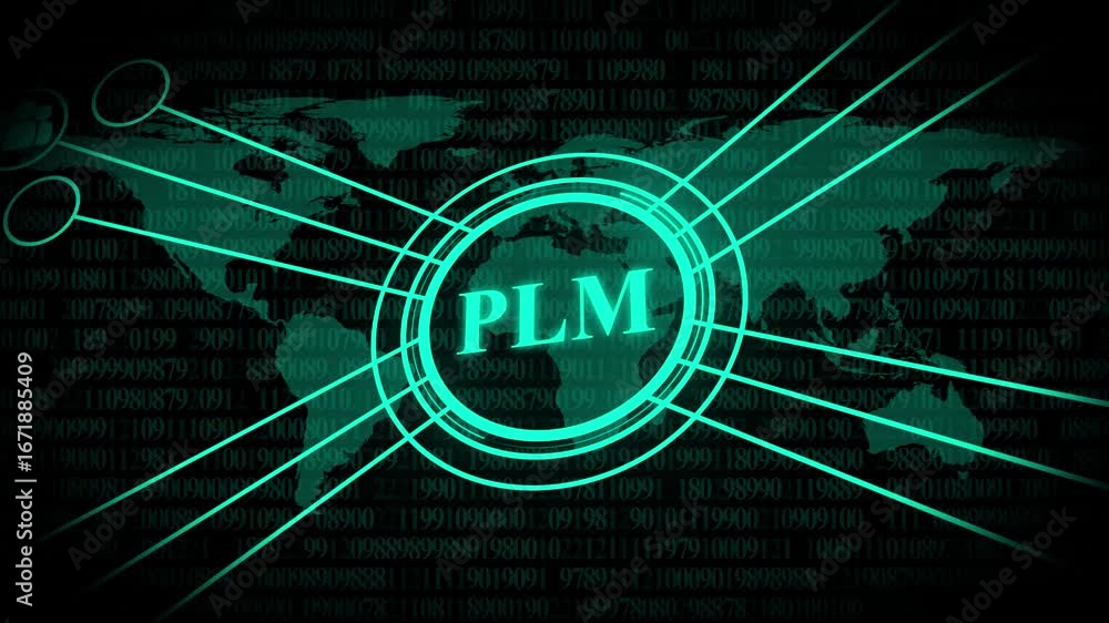 Poster global digital network with data streams and plm text in neon green technology
