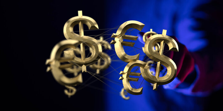 Stock photo of interconnected dollar and euro symbols, representing global finance and currency exchange.