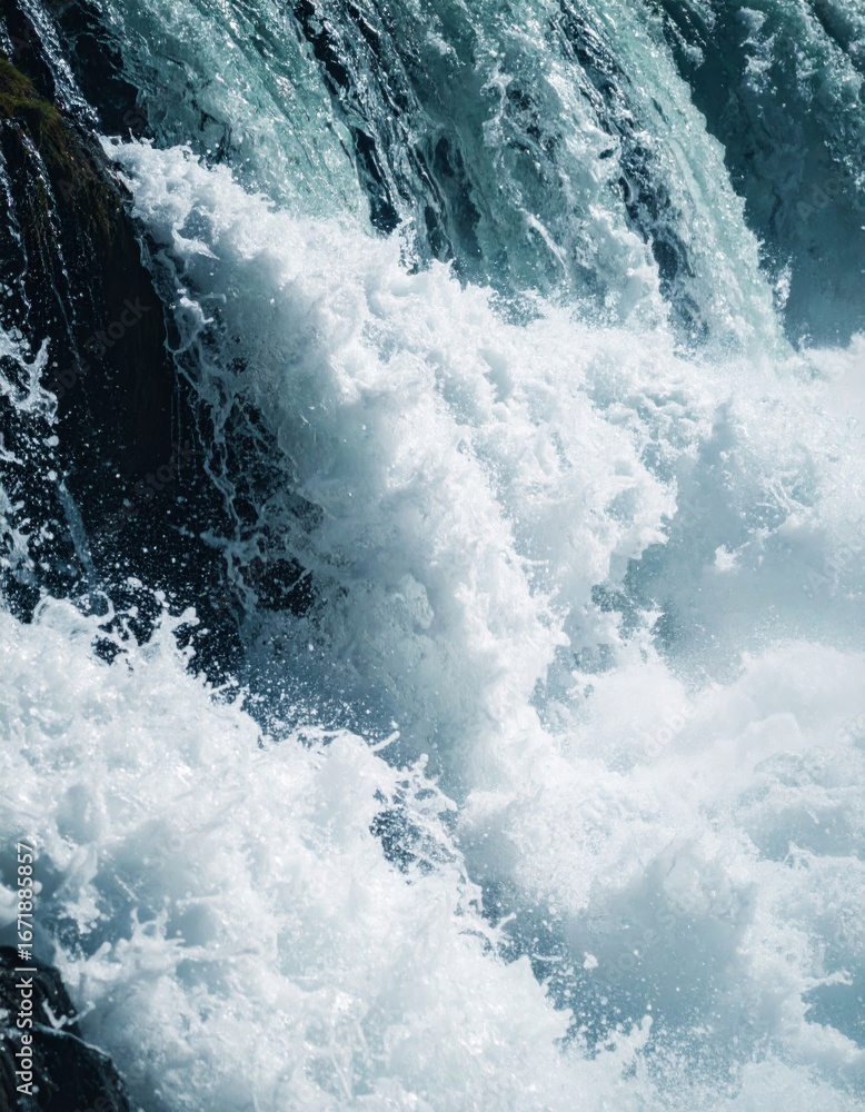 Poster Dynamic Water Cascade Flowing Down Dark Rocks Creating White Splash and Foam in Nature