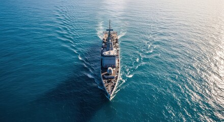 Aerial view captures a naval vessel gracefully navigating through open ocean waters during bright