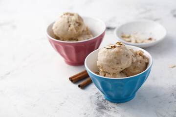 Homemade banana ice cream with waffle cone