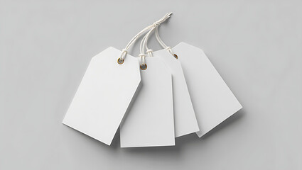 three blank white paper price tags with a rustic rope string, arranged on a clean, light gray background, ideal for product branding, e-commerce, and labeling mockups