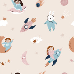 Seamless Cosmic Pattern with Cute Astronaut Girls, Rockets Planets Stars and Space Elements.