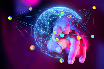 Abstract image of a hand interacting with a digital globe, representing global network connections and data.