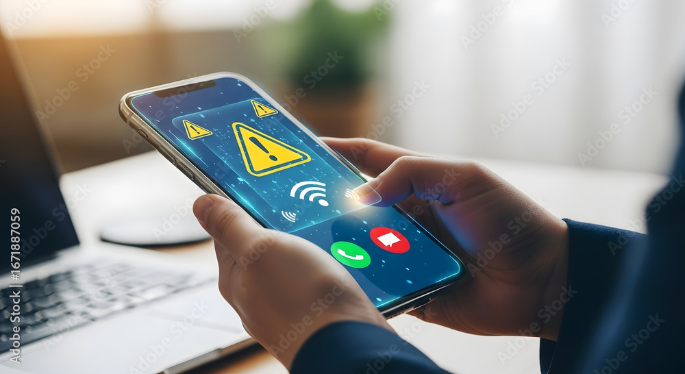 Poster smartphone displaying an alert with warning and connectivity icons