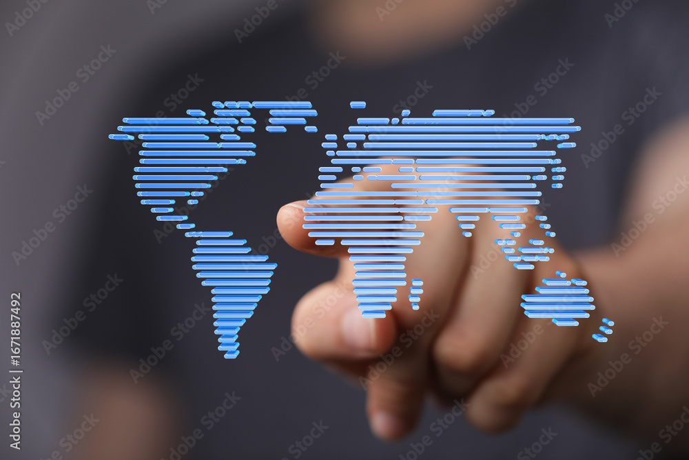 Aufkleber person interacting with a digital world map, representing global connectivity and networking.