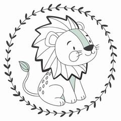 Cute lion in a leafy wreath, a charming design