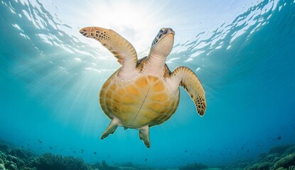 Animals: sea turtle swimming gracefully underwater, photographed from below with sunlight filtering through waves.