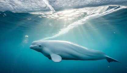 Animals: beluga whale swimming gracefully under icy Arctic waters, photographed from side perspective with shimmering sunlight above.