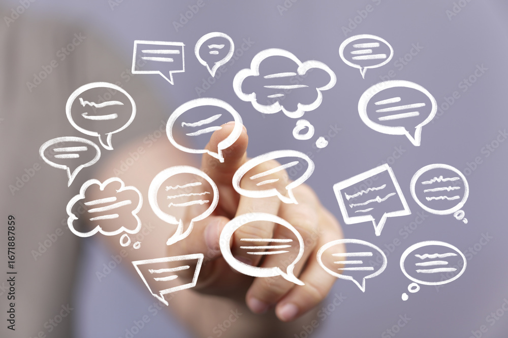 Poster abstract image of hand interacting with digital speech bubbles, representing communication and netwo
