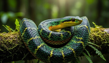 Obraz premium Animals: snake coiled on branch in rainforest, photographed close-up with dramatic focus on scales, blurred green background.