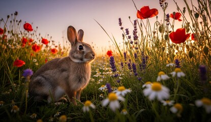 Animals: rabbit sitting in field of wildflowers, photographed from low perspective with soft golden hour light.