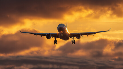 A passenger airplane captured mid-flight against a dramatic sunrise sky. The aircraft’s landing gear is still extended as it ascends, with golden sunlight illuminating its body and wings. Dark clouds 