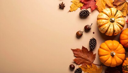 A collection of autumnal elements, including pumpkins, leaves, and pine cones, arranged beautifully. The warm colors create a cozy and inviting atmosphere.