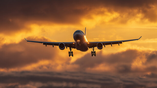 A passenger airplane captured mid-flight against a dramatic sunrise sky. The aircraft’s landing gear is still extended as it ascends, with golden sunlight illuminating its body and wings. Dark clouds  - Powered by Adobe