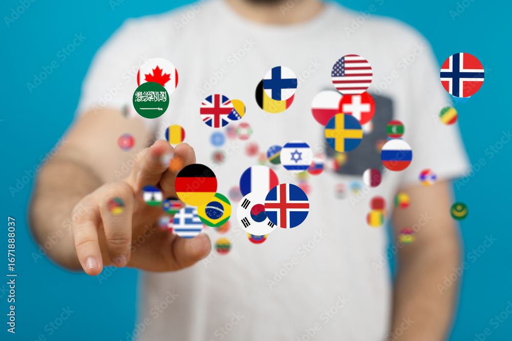 Aufkleber image of a person interacting with floating flags representing global connection and international c