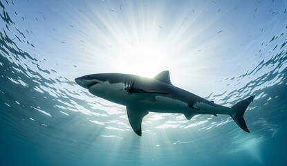 Obraz premium Animals: great white shark swimming near ocean surface, photographed from below looking upward toward sunlight.