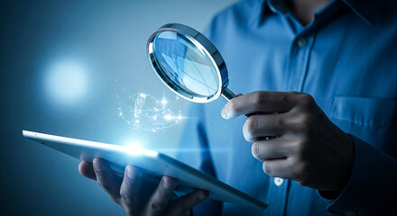A person meticulously examines digital information on a tablet with a magnifying glass This visual represents deep data analysis research and the pursuit of understanding in the digital age