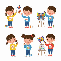 Set of diverse cartoon children dressed as pirates, exploring, searching for treasure, and playing with adventure-themed props.