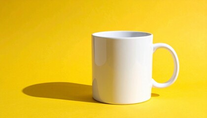 A plain white ceramic mug sits upright on a yellow surface with a matching yellow background. Its clean form and soft shadow create a minimalist, vibrant composition with bold visual clarity.