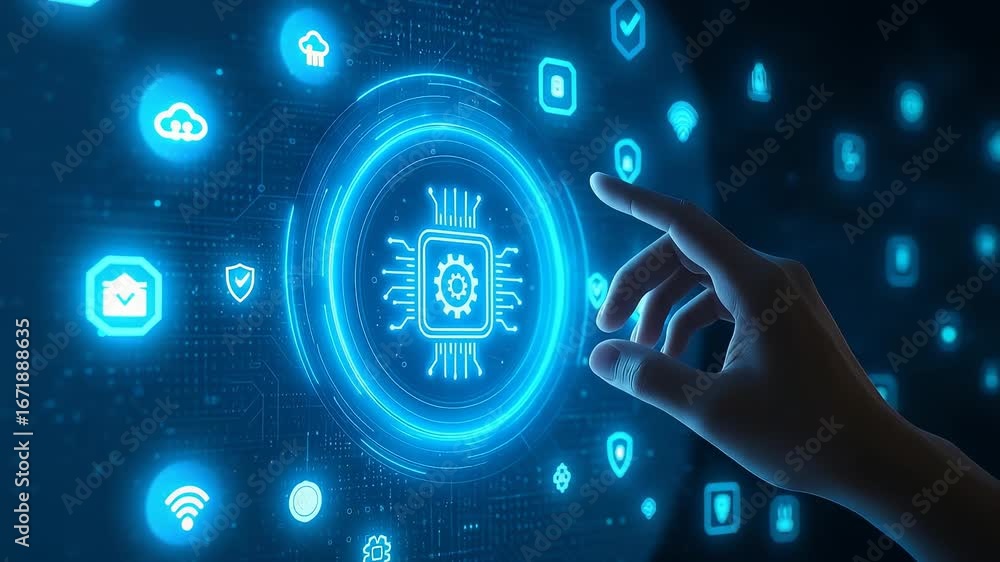 Poster hand interacting with digital interface showing ai, cloud, and network technology icons for smart co