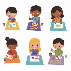 Diverse group of happy children exploring and discovering, equipped with adventure gear like maps, compasses, and magnifying glasses, ready for a fun outdoor journey.