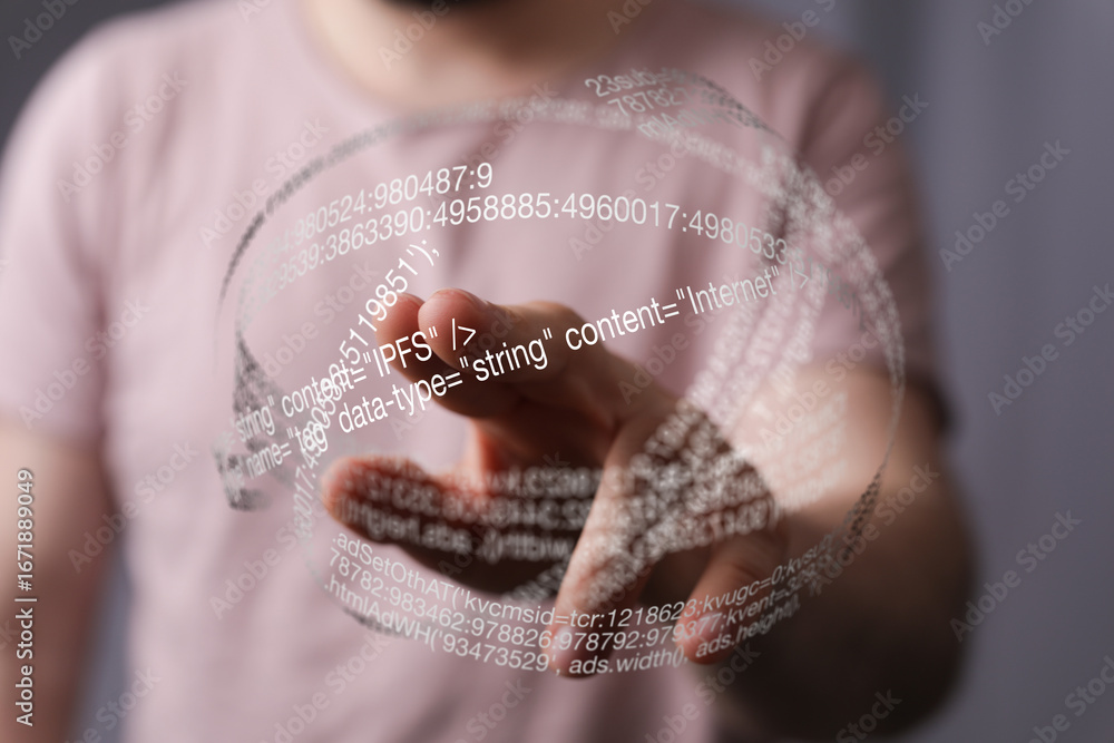 Poster close-up of a hand interacting with a translucent sphere filled with digital code, representing data