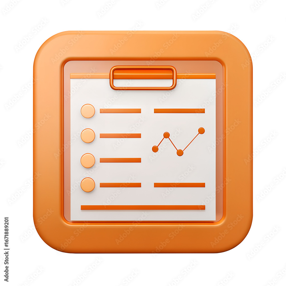 Poster 3d orange clipboard with checklist and graph isolated on transparent background
