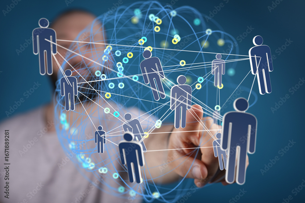 Poster visual representation of a global network, connecting people through digital technology. modern comm