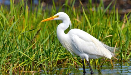 Fototapeta premium Great egret hunting in wetlands nature scene close-up view vibrant green environment for wildlife enthusiasts