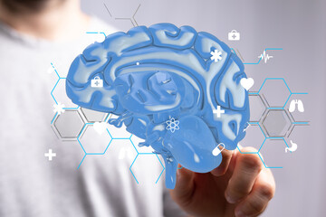 3D rendered human brain model with medical icons. Healthcare, neuroscience, neurology concept.