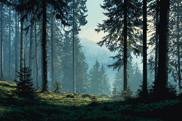 Obraz premium Serene misty forest scene tall trees lush green ground peaceful atmosphere nature landscape