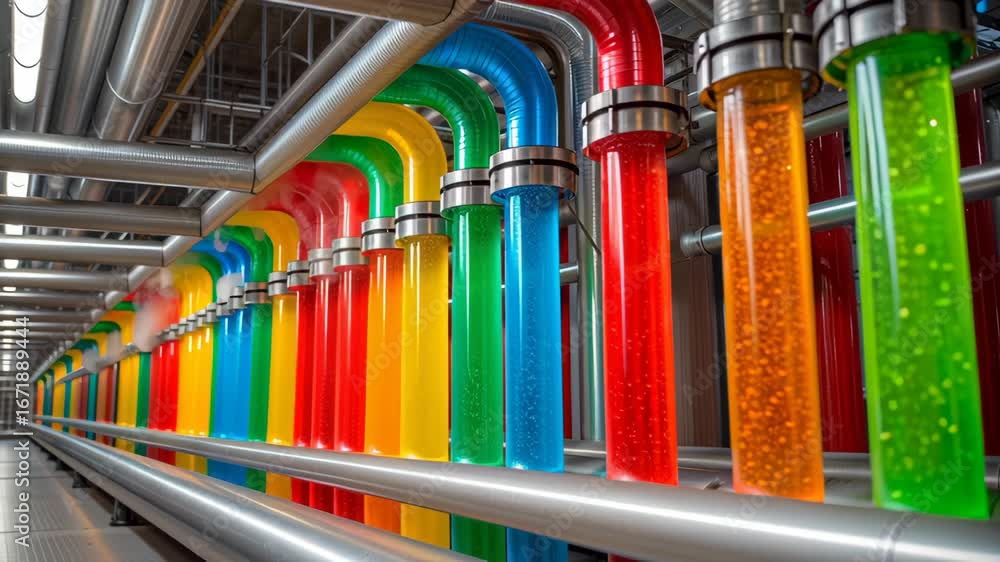 Poster vibrant liquids flowing through colorful pipes in modern industrial setting create lively visual dis