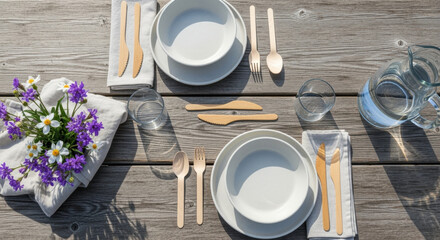 Eco-Friendly Table Setting: An overhead shot captures an elegantly set table, blending nature and function with eco-friendly tableware, wildflowers, and a refreshing water pitcher.